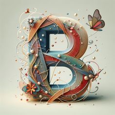 the letter b is surrounded by flowers and butterflies