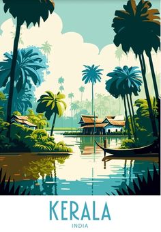 a poster with palm trees and a boat in the water near some houses on land