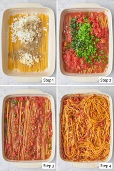 four images showing steps to make spaghetti