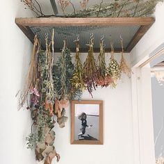 dried flowers hanging from the ceiling in a room with a framed photo on the wall