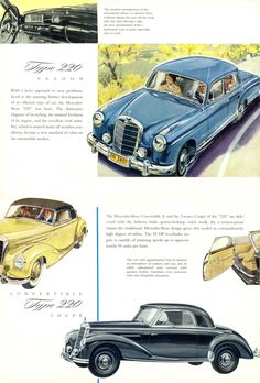 an old car advertisement from the 1950's with pictures of cars and people in it