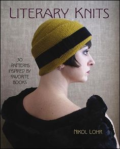 a woman wearing a knitted hat with black and yellow stripes on the front cover