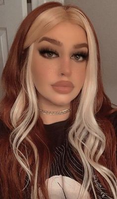 Cute Above Shoulder Length Haircuts, Patchwork Hair Color, Hair Color Ideas For Medium Hair, Red Hair Blonde Streak Bangs, Women’s Hair With Bangs, Red Ans Blonde Hair Color, Cooper With Blonde Money Piece, Ginger And Silver Hair, Cooper Hair Color With Money Piece