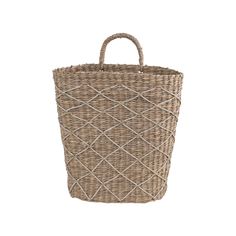 a large woven basket with handles on the front and side, in grey color scheme