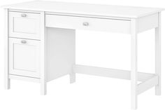 a white desk with two drawers on top and one drawer at the bottom that is open