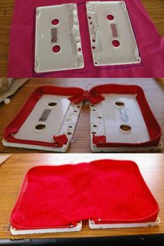 two white plates with red linings on them and one is empty, the other has been made out of plastic