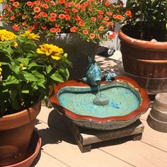 a bird bath sitting on top of a wooden table next to potted plants and flowers