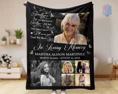 a black and white photo blanket with the words in loving memory on it is shown