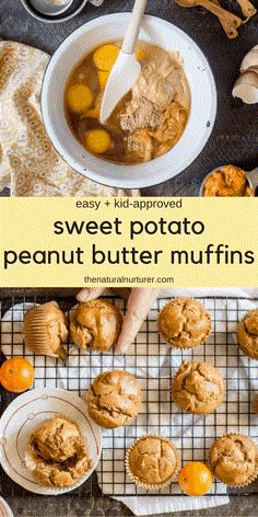 an overhead view of some muffins on a cooling rack with oranges and one bowl of sweet potato peanut butter muffins