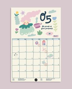 a calendar with an image of a sheep and flowers on the front, in pastel colors