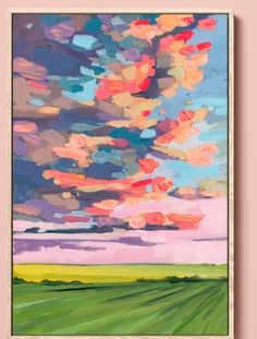 an abstract painting of clouds over a green field