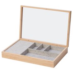 an empty wooden box with four compartments and dividers on the inside, open to show what's inside