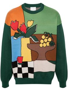 bright green/multicolour knitted construction patterned jacquard crew neck drop shoulder long sleeves ribbed cuffs and hem straight hem Sweater Fits, Still Life Art, Crew Neck Jumper, Knitwear Men, Contemporary Fashion, Bright Green, Drop Shoulder, Still Life, Knitted Sweaters