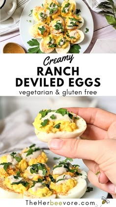 an egg is being held up to show the deviled eggs in it's shell