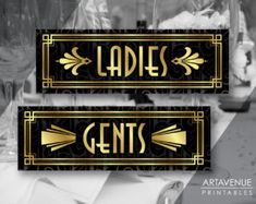 two black and gold labels with the words ladies gents on them, sitting next to wine glasses