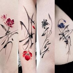 three different tattoos with flowers on the side of each arm and behind them are watercolors