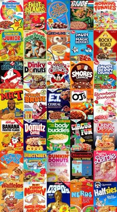 many cereal ads are stacked together in this collage, with different colors and flavors