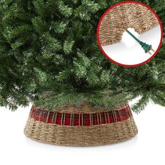 a close up of a fake christmas tree with a red circle around the base and green needles