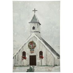 a painting of a white church with wreaths on the door and window sill