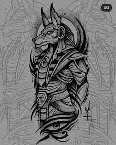 an egyptian tattoo design with the head of anubon in black ink on a gray background