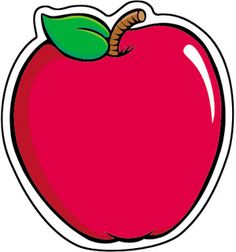 an apple sticker with a worm sticking out of it