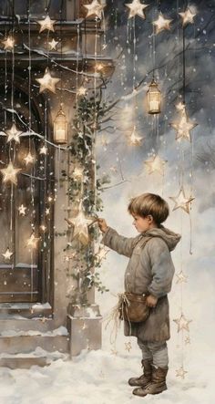 a painting of a little boy standing in front of a building with stars hanging from it