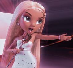 a cartoon girl in a white dress holding a microphone