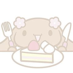 a cartoon character holding a fork and knife in front of a piece of cake