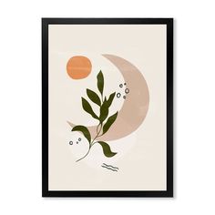 a framed print with an orange moon and green plant in the foreground, against a white background