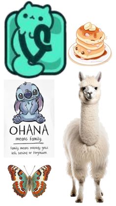 an alpaca, pancakes, and other food items are featured in this image