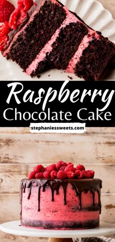 raspberry chocolate cake with chocolate frosting and fresh raspberries on top