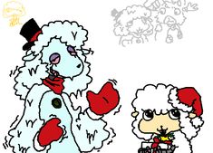 a drawing of a dog and a sheep dressed in christmas clothes, one is wearing a santa hat