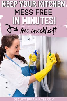 a woman is cleaning the refrigerator with yellow gloves