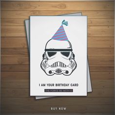 a star wars birthday card with a storm trooper wearing a party hat and sunglasses on it