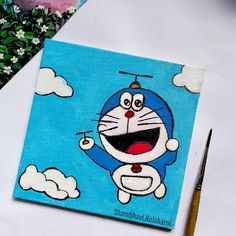 a painting of a cartoon character on a blue background