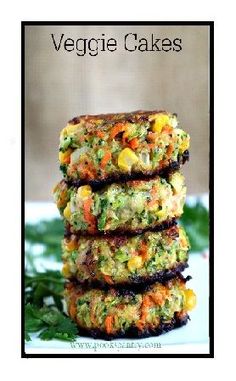 three vegetable cakes stacked on top of each other with text overlay that reads easy veggie cakes