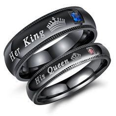 his and hers wedding ring set with blue sapphire stones in black ceramic, for him and her