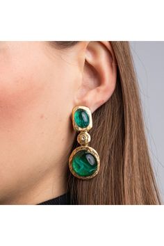 Find KENNETH JAY LANE Flawed Emerald Cabochon Drop Clip Earrings on Editorialist. strongProduct Description:/strong Add vibrance to your look with these gleaming emerald stones and crystal accent clip earrings surrounded by gold. Pair with our Flawed Emerald Cabochon Hinged Bangle. strongDimensions: /strong2 Drop strongStyle Number:/strong 1523ESGE Emerald Earrings Aesthetic, Pacchala Haram, Vintage Emerald Earrings, Accessories Closet, Fashion Atelier, Emerald Cabochon, Emerald Earrings Drop, Jewel Wedding, Dope Jewelry