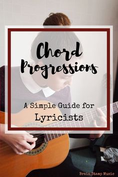 a young boy playing an acoustic guitar with the words choir progressions on top of it