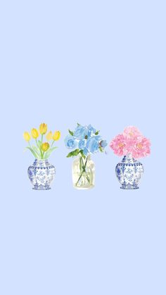 three blue and white vases with flowers in them on a light blue background,