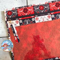 a close up of a piece of fabric on the ground with a red and black pattern