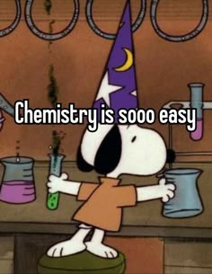 a cartoon dog wearing a party hat and holding a beakle with the words chemistry is soo