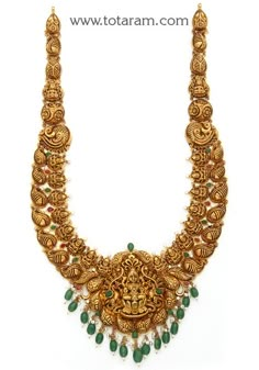 22 karat gold "lakshmi - peacock" long necklace with cz, color stones , beads & pearls (temple jewellery) - 235-GN5565 - in 82.800 Grams for USD $8,271.57 USD.  Made in India by Totaram Jewelers Online this product is in Gold - 22 Karat BIS Hallmark 916 Gold  & is an excellent gift for Adult - Women. Ships fully insured with secured guaranteed delivery for free with your order over $250 from New Jersey USA & comes with 30 days exchange policy. Cz Stones Necklace Gold, Antique Necklace Gold, Temple Jewelry Necklace, Gold Temple Jewellery, Neck Pieces Jewelry