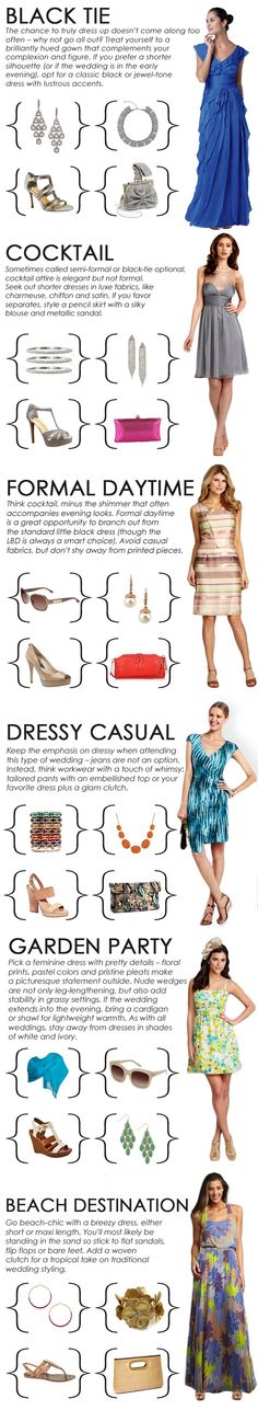 dress codes -- decoded! #wedding #whattowear. The most useful and full guide to what, when and with what to wear Party Dress Codes, Style Chart, Fashion Vocabulary, Garden Party Dress, Estilo Chic, Fashion 101, Moda Vintage, Looks Chic