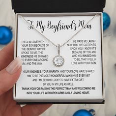 To My Boyfriend's Mom Necklace, Boyfriend's Mom Gifts, Gifts For My Boyfriend's Mom, To My Boyfriend's Mom Gifts, Boyfriend's Mom Christmas Gift,  Boyfriend's Mom Birthday Gift,  Mother's Day Gift    Message card:     ''To My Boyfriend's Mom    I fell in love with your son because of the gentle way he spoke to me, the kindness he showed to everyone around him, and the way he made me laugh. Now that I’ve gotten to know you, I know it’s because of you and who you raised him to be, that I fell in love with your son.    Your kindness, your warmth, and your love have shaped him to be the most wonderful man i have ever met and i am beyond lucky to have extra gift of you in my life as well.    Thank you for raising the perfect man and welcoming me into your life with open arms and a loving heart. The Perfect Man, Boyfriends Mom Gifts, Loving Heart, Hope Necklace, Mom Christmas, Open Arms, Christmas Mom, I Thank You, Mom Necklace