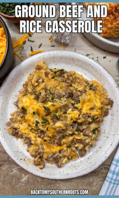 ground beef and rice casserole on a white plate with the title above it