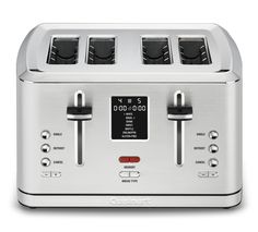 a toaster with four different settings on the front and two timers on the side