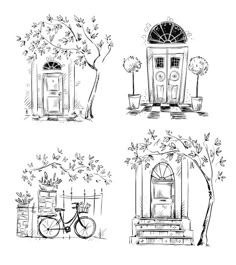 four different types of buildings and trees in black and white, each with a bicycle parked next to it