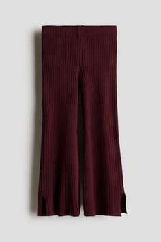 Pants in a fine  rib-knit viscose blend. Covered elastic at waistband and flared hems. Ribbed Flare Pants For Loungewear, Red Stretch Ribbed Bottoms, Cozy Full-length Bottoms With Ribbed Waistband, Wide-leg Loungewear Pants With Ribbed Waistband, Aerie Groove-on Rib Velour Flare Pant, Knit Pants, Dark Red, Rib Knit, H&m