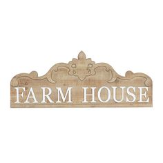 a wooden sign that says farm house on it's front and back sides, with an ornate design